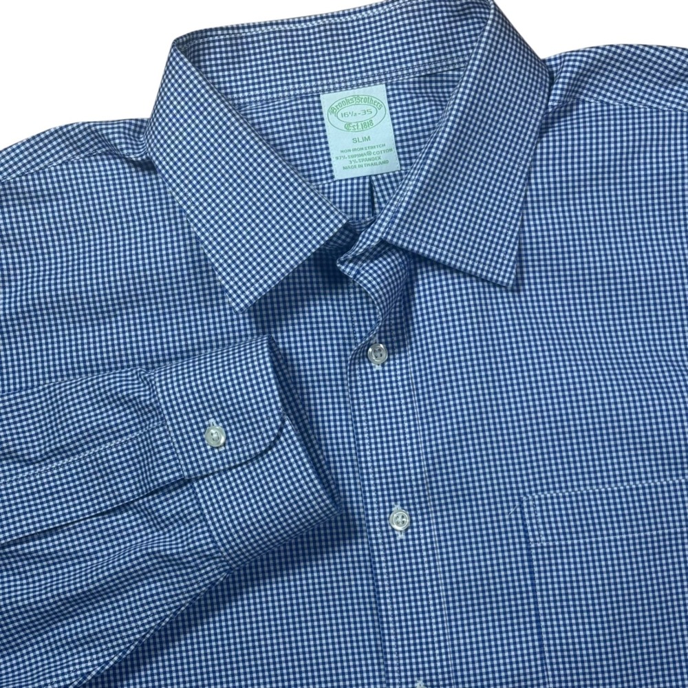 Brooks Brothers Slim Fit Non Iron Stretch Gingham Dress Shirt Mens 16 Large Blue